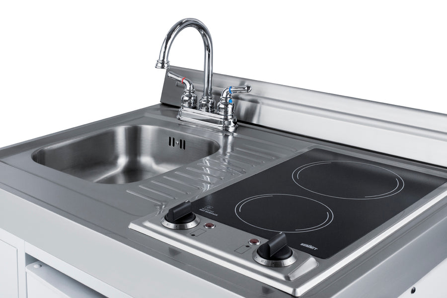 30" wide all-in-one kitchenette with 2-burner 115V smooth-top cooktop, refrigerator-freezer, sink, and storage cabinet - Detail