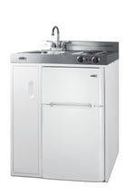 30" wide all-in-one kitchenette with 2-burner 115V coil cooktop, refrigerator-freezer, sink, and storage cabinet (Model 