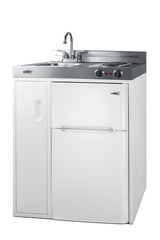 30" wide all-in-one kitchenette with 2-burner 115V coil cooktop, refrigerator-freezer, sink, and storage cabinet (Model 