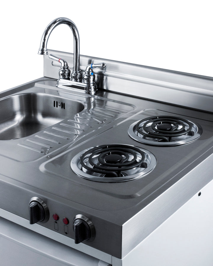 30" wide all-in-one kitchenette with 2-burner 115V coil cooktop, refrigerator-freezer, sink, and storage cabinet (Model 