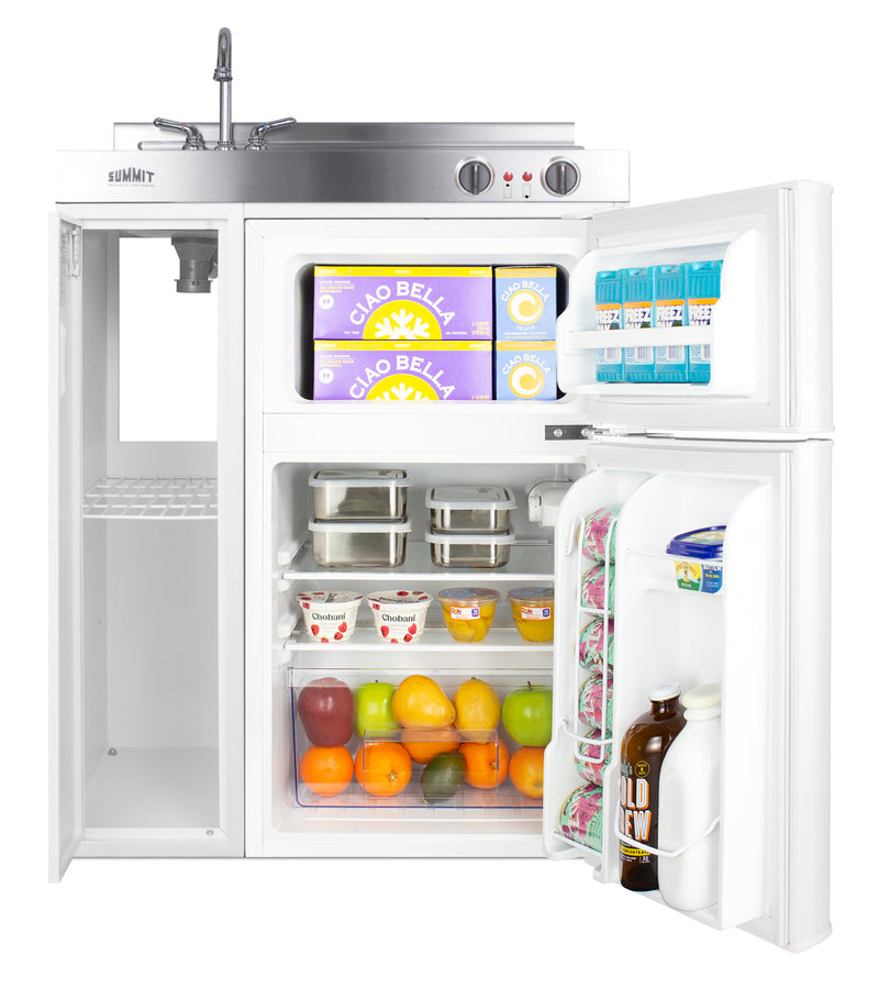 30" wide all-in-one kitchenette with 2-burner 115V coil cooktop, refrigerator-freezer, sink, and storage cabinet (Model 