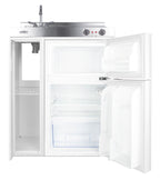 30" wide all-in-one kitchenette with 2-burner 115V coil cooktop, refrigerator-freezer, sink, and storage cabinet (Model 