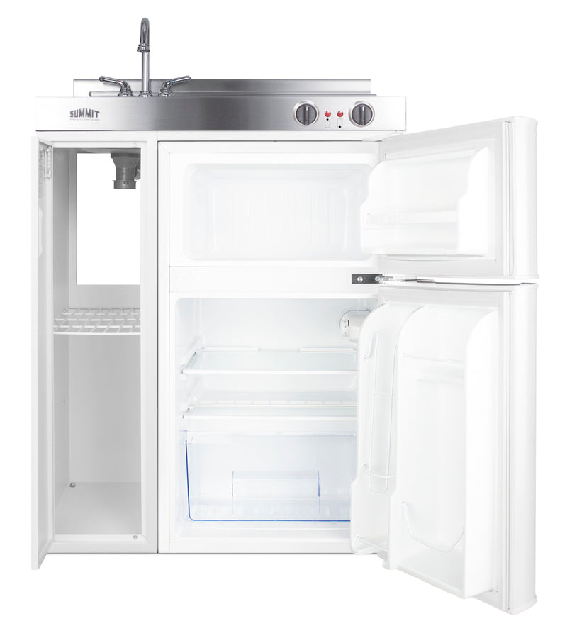 30" wide all-in-one kitchenette with 2-burner 115V coil cooktop, refrigerator-freezer, sink, and storage cabinet (Model 