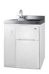 30" wide all-in-one kitchenette with 2-burner 115V induction cooktop, refrigerator-freezer, sink, and storage cabinet