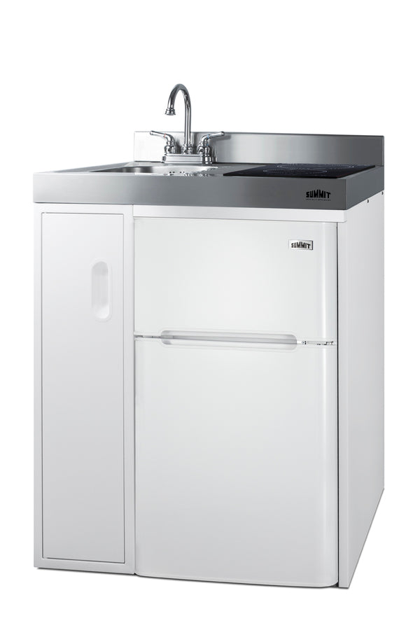 30" wide all-in-one kitchenette with 2-burner 115V induction cooktop, refrigerator-freezer, sink, and storage cabinet