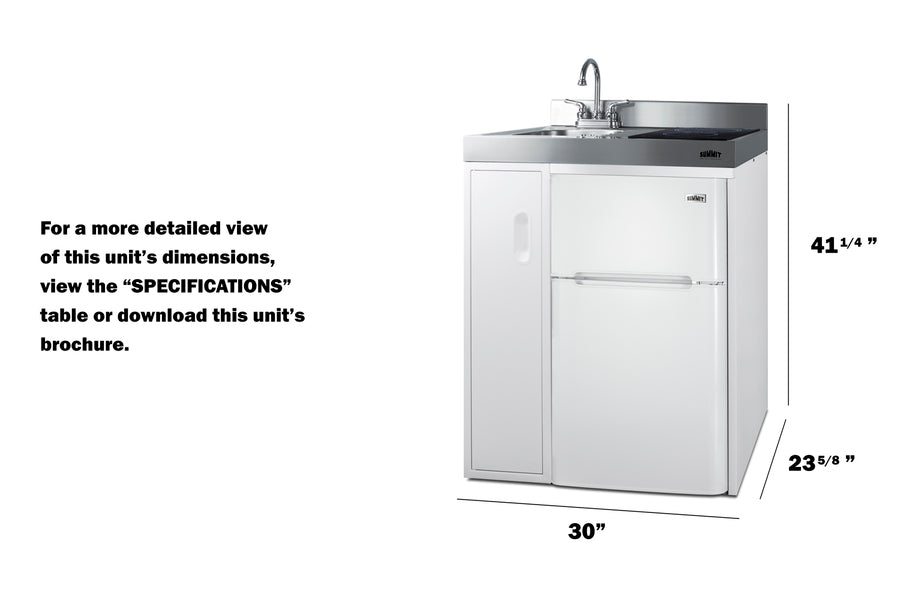 30" wide all-in-one kitchenette with 2-burner 115V induction cooktop, refrigerator-freezer, sink, and storage cabinet