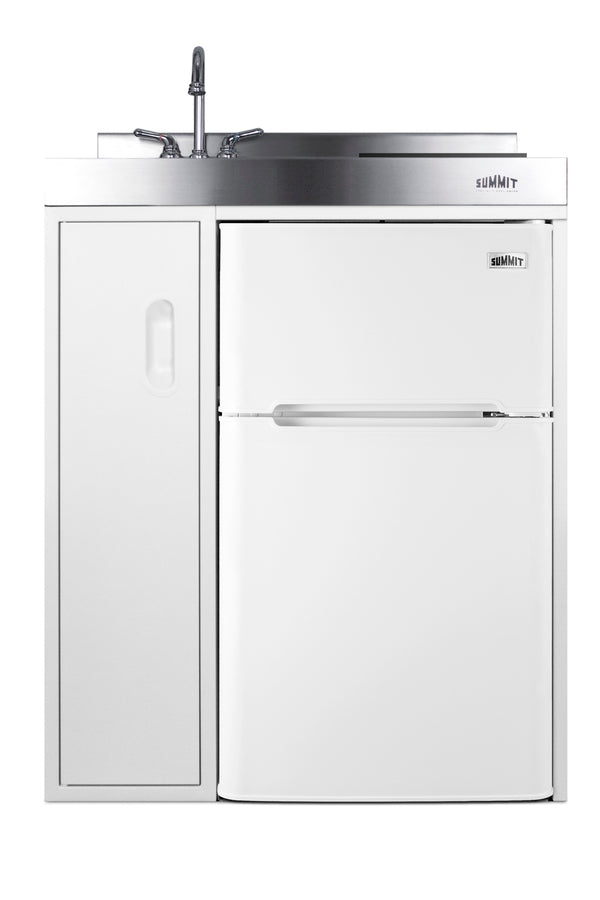 30" wide all-in-one kitchenette with 2-burner 115V induction cooktop, refrigerator-freezer, sink, and storage cabinet