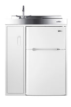 30" wide all-in-one kitchenette with 2-burner 115V induction cooktop, refrigerator-freezer, sink, and storage cabinet
