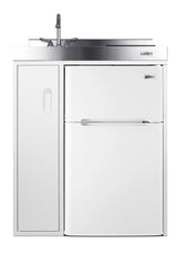 30" wide all-in-one kitchenette with 2-burner 115V induction cooktop, refrigerator-freezer, sink, and storage cabinet