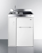30" wide all-in-one kitchenette with 2-burner 115V induction cooktop, refrigerator-freezer, sink, and storage cabinet
