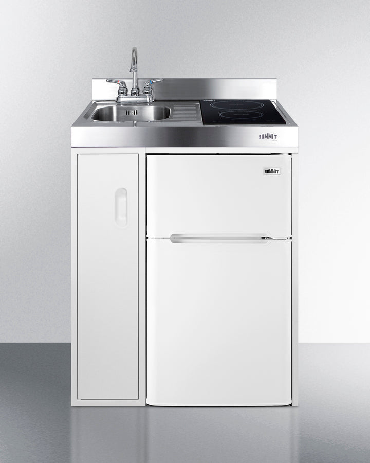 30" wide all-in-one kitchenette with 2-burner 115V induction cooktop, refrigerator-freezer, sink, and storage cabinet