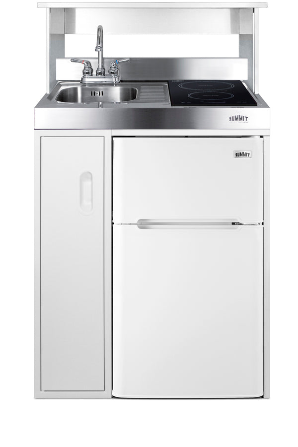 30" wide all-in-one kitchenette with 2-burner 115V induction cooktop, refrigerator-freezer, sink, and storage cabinet