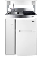 30" wide all-in-one kitchenette with 2-burner 115V induction cooktop, refrigerator-freezer, sink, and storage cabinet