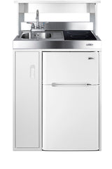 30" wide all-in-one kitchenette with 2-burner 115V induction cooktop, refrigerator-freezer, sink, and storage cabinet