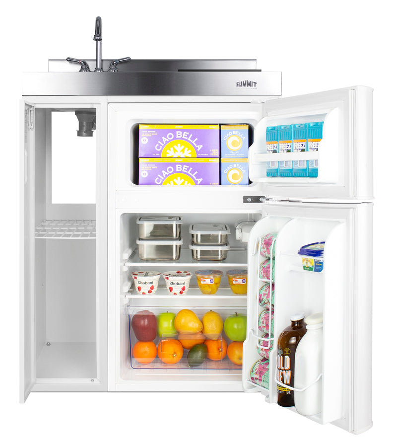 30" wide all-in-one kitchenette with 2-burner 115V induction cooktop, refrigerator-freezer, sink, and storage cabinet