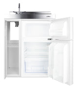 30" wide all-in-one kitchenette with 2-burner 115V induction cooktop, refrigerator-freezer, sink, and storage cabinet