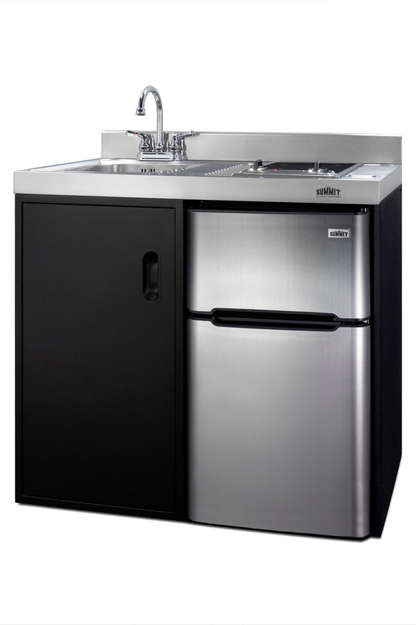 39" wide all-in-one kitchenette with 2-burner 115V smooth-top cooktop, refrigerator-freezer, sink, and storage cabinet (