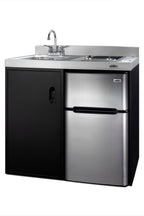 39" wide all-in-one kitchenette with 2-burner 115V smooth-top cooktop, refrigerator-freezer, sink, and storage cabinet (