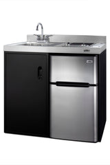 39" wide all-in-one kitchenette with 2-burner 115V smooth-top cooktop, refrigerator-freezer, sink, and storage cabinet (