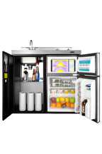 39" wide all-in-one kitchenette with 2-burner 115V smooth-top cooktop, refrigerator-freezer, sink, and storage cabinet (
