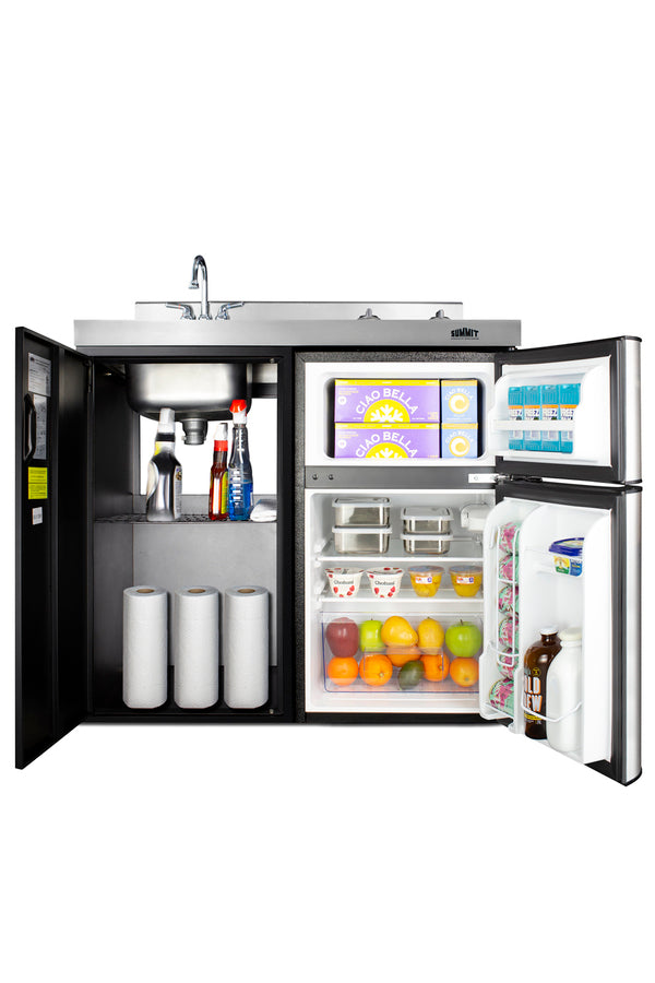 39" wide all-in-one kitchenette with 2-burner 115V smooth-top cooktop, refrigerator-freezer, sink, and storage cabinet (
