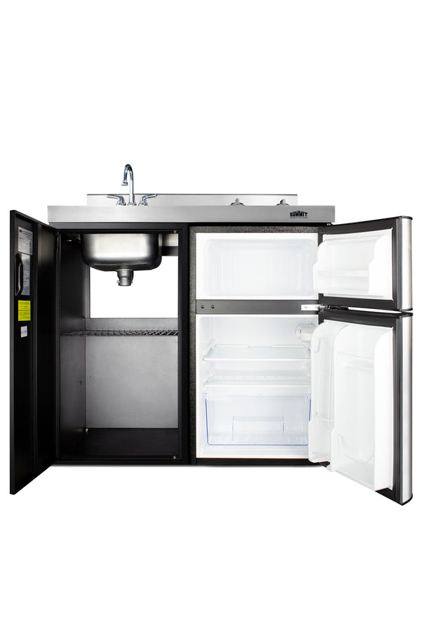 39" wide all-in-one kitchenette with 2-burner 115V smooth-top cooktop, refrigerator-freezer, sink, and storage cabinet (