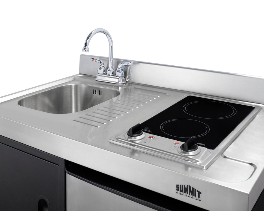 39" wide all-in-one kitchenette with 2-burner 115V smooth-top cooktop, refrigerator-freezer, sink, and storage cabinet (