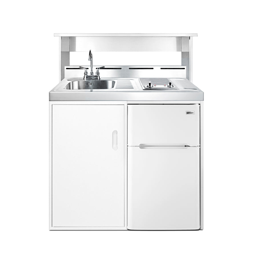 39" wide all-in-one kitchenette with 2-burner 115V smooth-top cooktop, refrigerator-freezer, sink, and storage cabinet (Model C39ELGLASS) - Appstation
