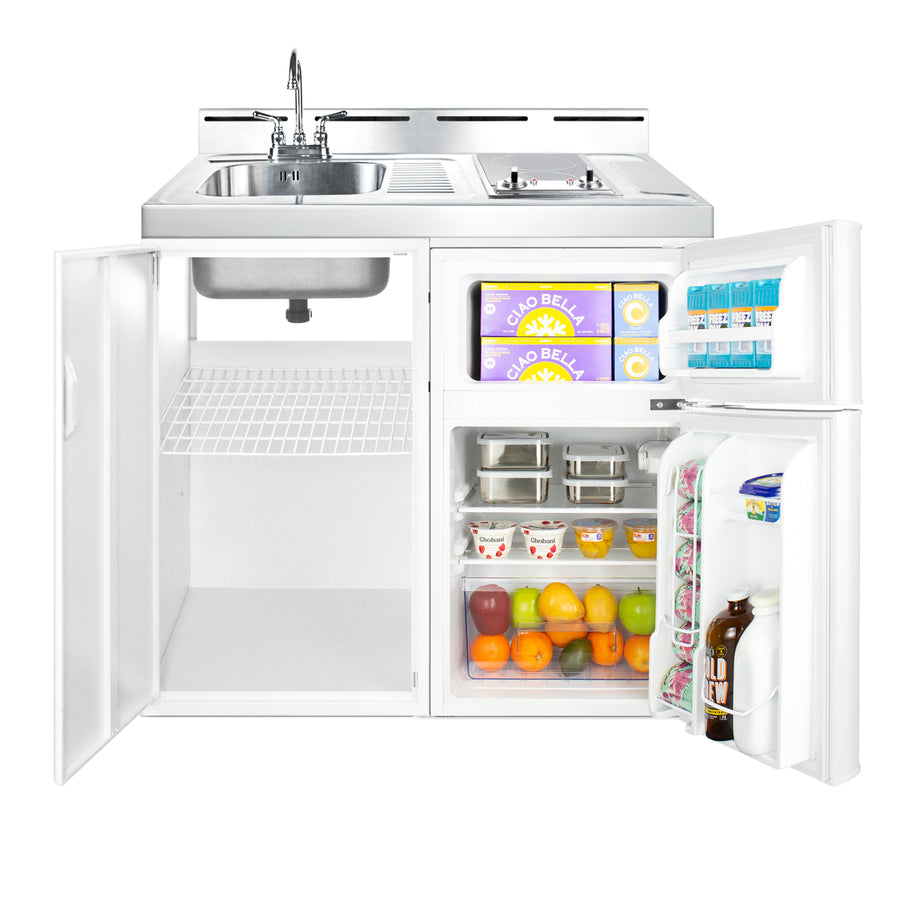 39" wide all-in-one kitchenette with 2-burner 115V smooth-top cooktop, refrigerator-freezer, sink, and storage cabinet (Model C39ELGLASS) - Full