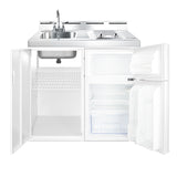 39" wide all-in-one kitchenette with 2-burner 115V smooth-top cooktop, refrigerator-freezer, sink, and storage cabinet (Model C39ELGLASS) - Open