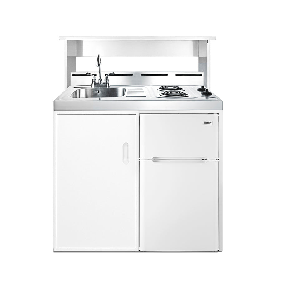 39" wide all-in-one kitchenette with 2-burner 115V coil cooktop, refrigerator-freezer, sink, and storage cabinet - Appstation