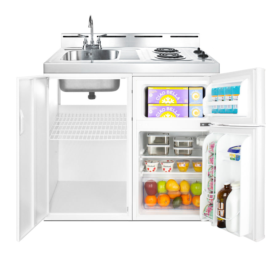 39" wide all-in-one kitchenette with 2-burner 115V coil cooktop, refrigerator-freezer, sink, and storage cabinet - Full