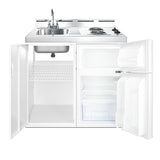 39" wide all-in-one kitchenette with 2-burner 115V coil cooktop, refrigerator-freezer, sink, and storage cabinet - Open