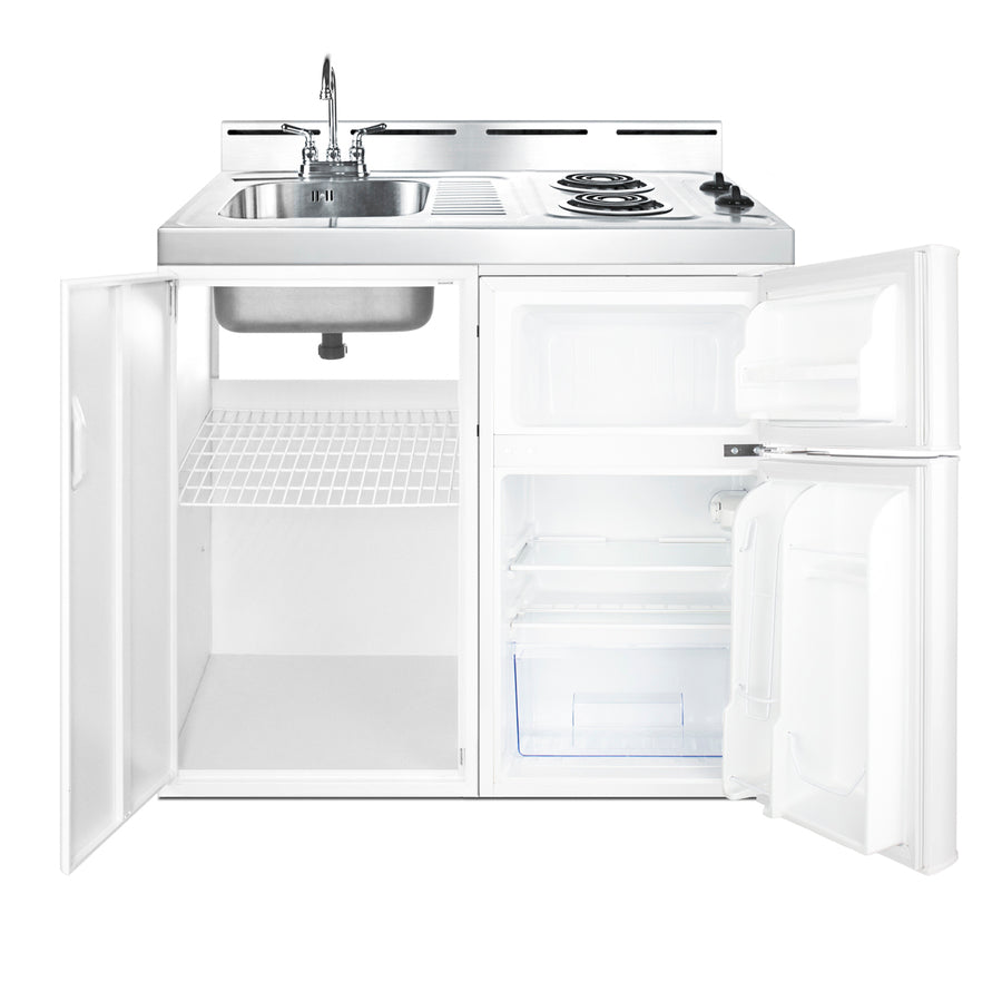 39" wide all-in-one kitchenette with 2-burner 115V coil cooktop, refrigerator-freezer, sink, and storage cabinet - Open