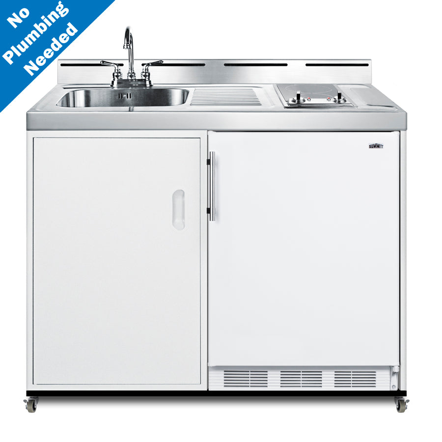 48" wide mobile all-in-one kitchenette with 2-burner 115V radiant cooktop, refrigerator-freezer, and no-plumbing sink wi