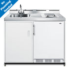 48" wide mobile all-in-one kitchenette with 2-burner 115V radiant cooktop, refrigerator-freezer, and no-plumbing sink wi
