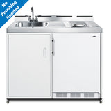 48" wide mobile all-in-one kitchenette with 2-burner 115V radiant cooktop, refrigerator-freezer, and no-plumbing sink wi