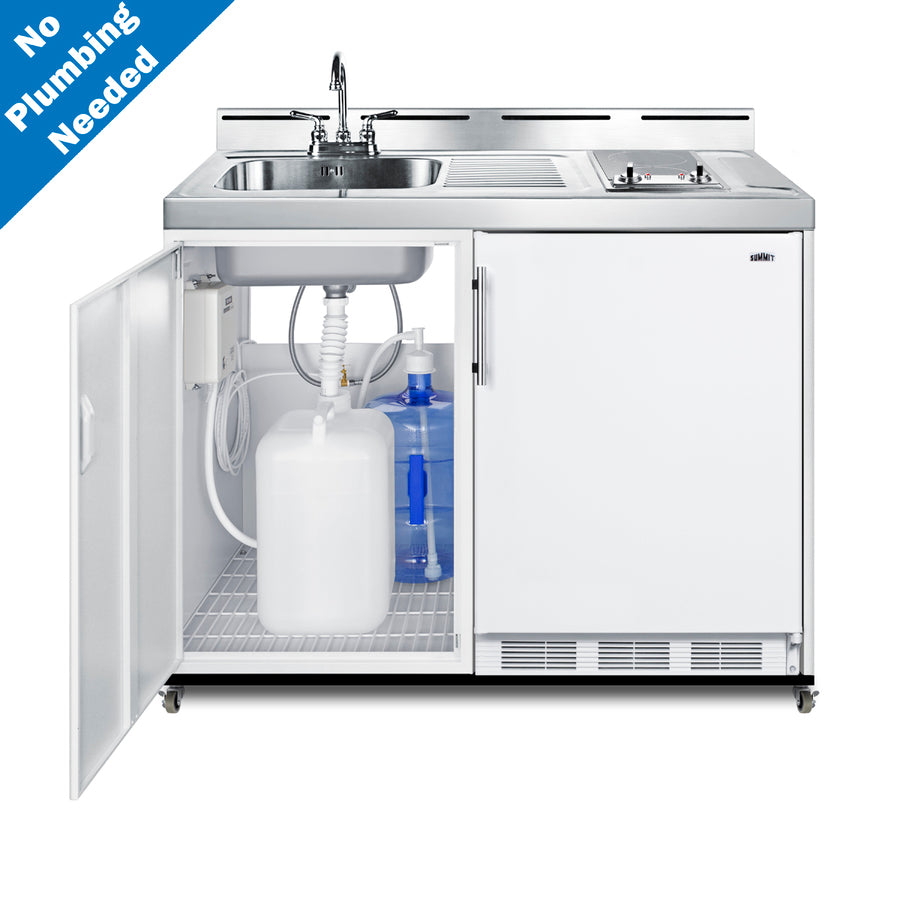 48" wide mobile all-in-one kitchenette with 2-burner 115V radiant cooktop, refrigerator-freezer, and no-plumbing sink (Model C48ELGLASSPUMPMB) Secondary image