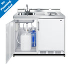 48" wide mobile all-in-one kitchenette with 2-burner 115V radiant cooktop, refrigerator-freezer, and no-plumbing sink wi