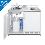 48" wide mobile all-in-one kitchenette with 2-burner 115V radiant cooktop, refrigerator-freezer, and no-plumbing sink wi