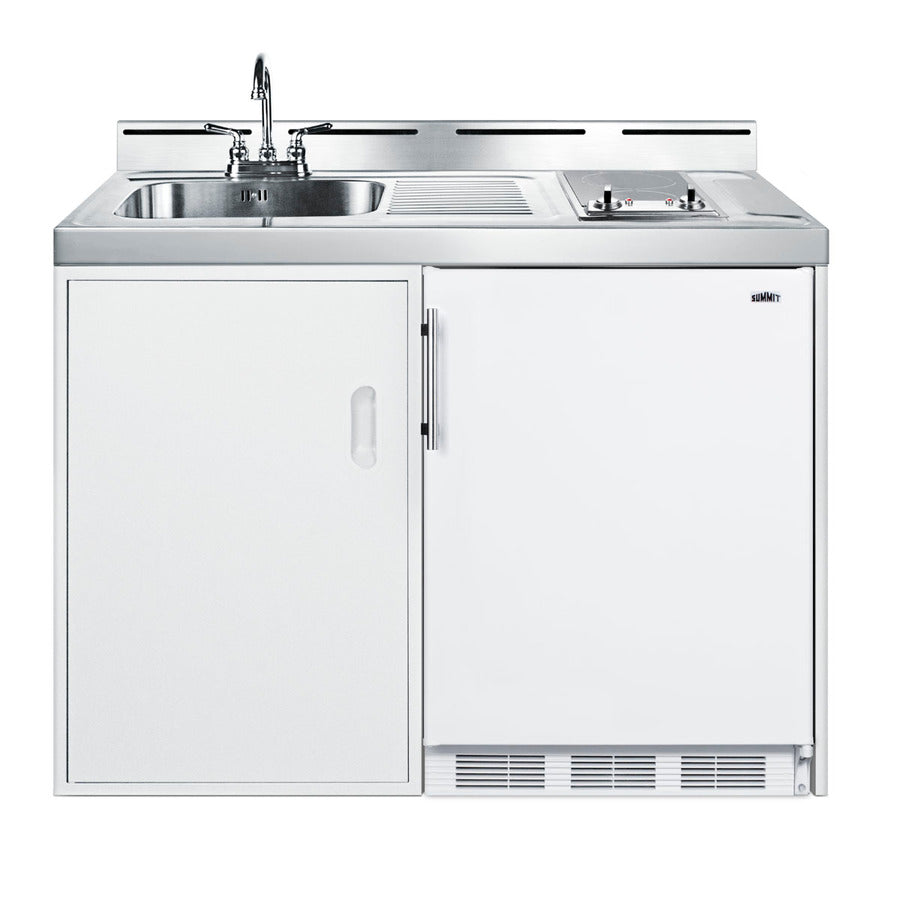 48" wide all-in-one kitchenette with 2-burner 115V radiant cooktop, refrigerator-freezer, and no-plumbing sink with wate - Front