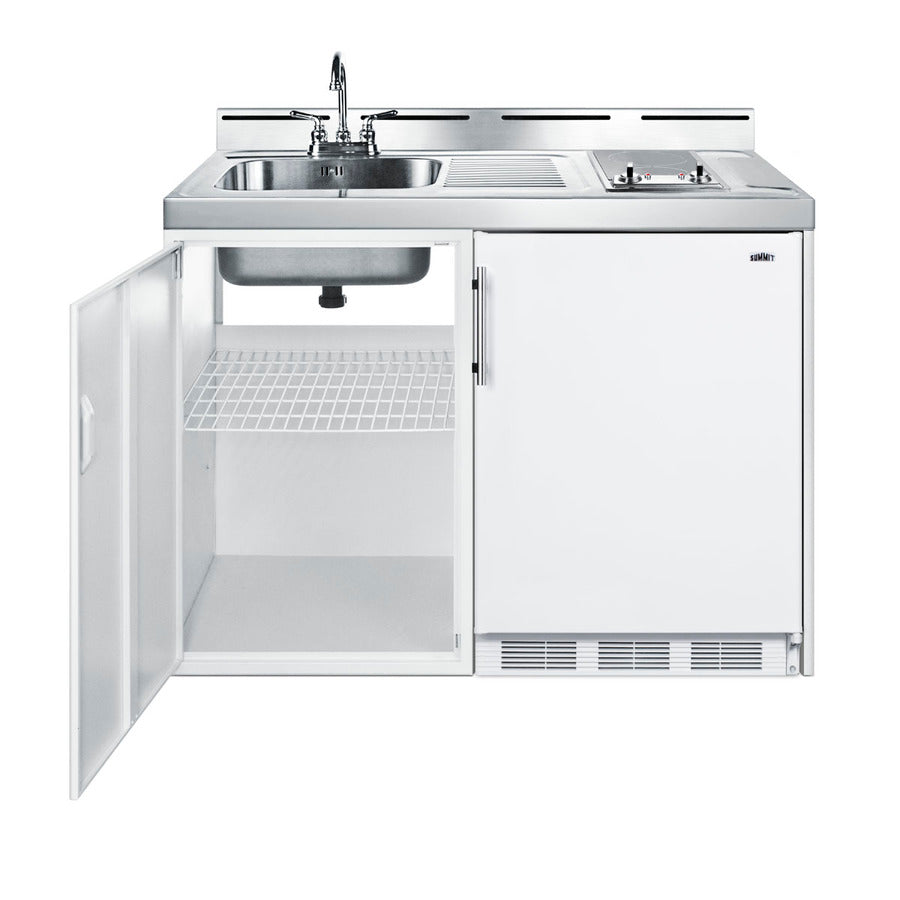 48" wide all-in-one kitchenette with 2-burner 115V radiant cooktop, refrigerator-freezer, and no-plumbing sink with wate - Open