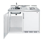 48" wide all-in-one kitchenette with 2-burner 115V radiant cooktop, refrigerator-freezer, and no-plumbing sink with wate - Open