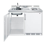 48" wide all-in-one kitchenette with 2-burner 115V radiant cooktop, refrigerator-freezer, and no-plumbing sink with wate - Open