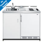 48" wide mobile all-in-one kitchenette with 2-burner 115V coil cooktop, refrigerator-freezer, and no-plumbing sink with