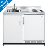 48" wide mobile all-in-one kitchenette with 2-burner 115V coil cooktop, refrigerator-freezer, and no-plumbing sink with