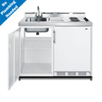 48" wide mobile all-in-one kitchenette with 2-burner 115V coil cooktop, refrigerator-freezer, and no-plumbing sink with