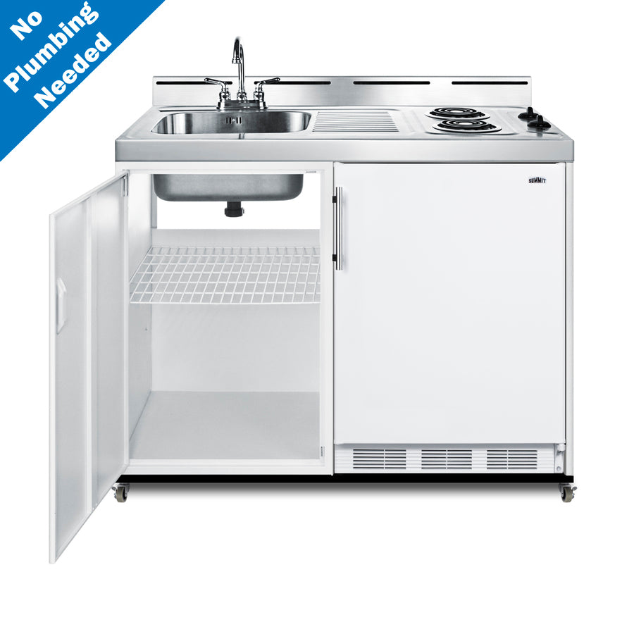 48" wide mobile all-in-one kitchenette with 2-burner 115V coil cooktop, refrigerator-freezer, and no-plumbing sink with