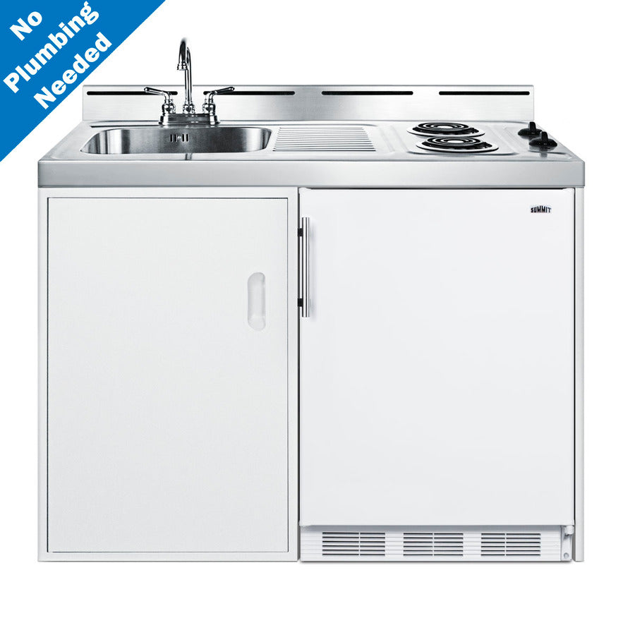 48" wide all-in-one kitchenette with 2-burner 115V coil cooktop, refrigerator-freezer, and no-plumbing sink with water p - Front NPN
