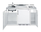 60" wide all-in-one kitchenette with 2-burner 115V smooth top cooktop, refrigerator-freezer, sink, and storage cabinet (